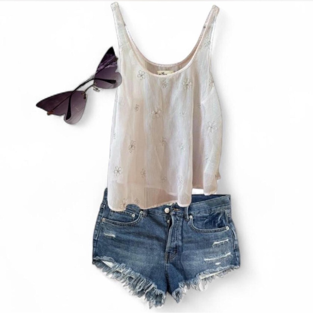 Light Soft Pink Sheer Hollister Co. tank top with embroidered flowers. Size XS